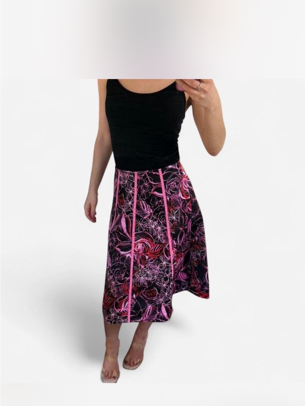 Black Pink Red Floral Midi Skirt